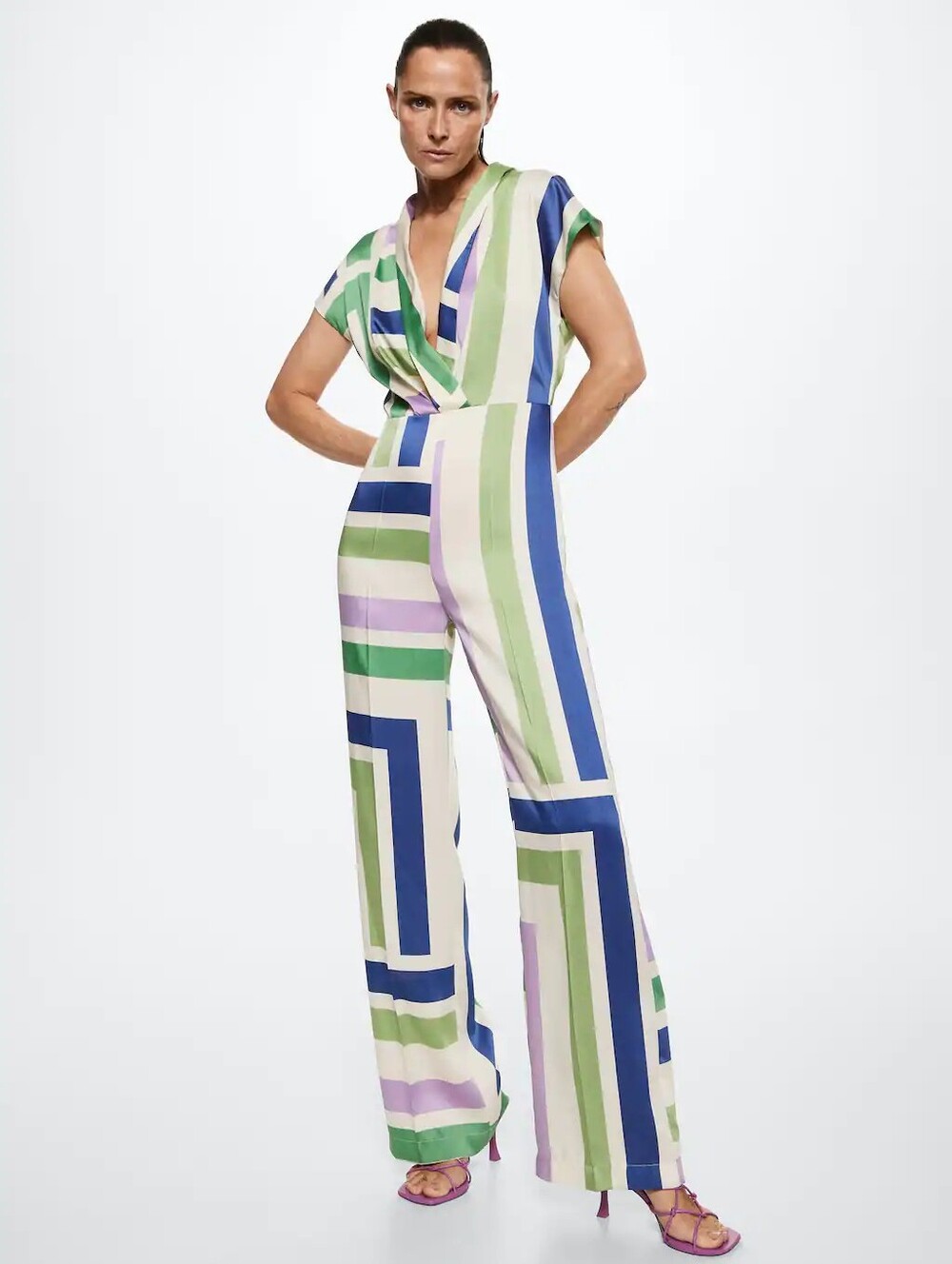 MANGO Geometric Print Wide Leg V-Neck Jumpsuit Size L